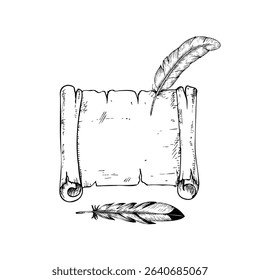 Vector old scroll paper with bird feather. Hand painted linear parchment, quill pen illustration. Graphic monochrome sketch isolated on background. For designers, prints, logo, icon, menu, postcards