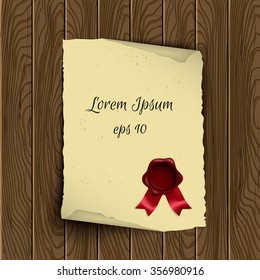 Vector old scroll paper with wax seal on wooden background