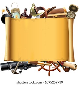 Vector Old Scroll with Pirate Accessories isolated on white background
