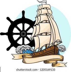 vector Old ship. Vector flat cartoon illustration