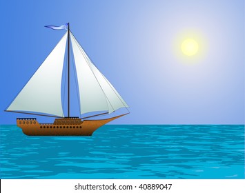 vector old ship in the sea under sun