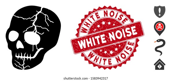 Vector old skull icon and grunge round stamp seal with White Noise text. Flat old skull icon is isolated on a white background. White Noise seal uses red color and grunge texture.