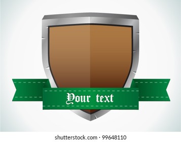 Vector old steel shield with green ribbon