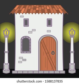 vector old stone house and lampposts