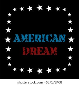 Vector old style denim frame design. White stars on black trendy t-shirt cowboy pattern. American national gray scale symbols, American dream lettering. Retro vintage background, border, decoration.