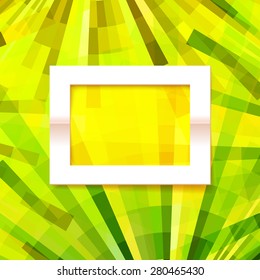 Vector old style green and yellow colors geometric background with paper frame. Abstract season banner, presentation template.