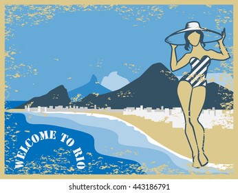 Vector old style illustration with Rio de Janeiro bay mountains landscape Flat Copacabana beach peaks silhouette for vintage background. Beautiful Brazilian girl in swimsuit on seafront retro postcard