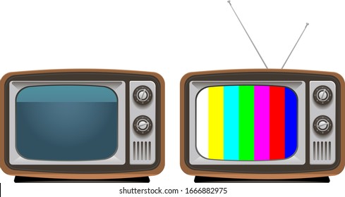 Vector old style, retro Televisions with color bars, test pattern isolated on white background 