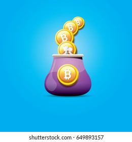 vector old style vintage violet  bitcoin wallet with coins isolated on blue background. 