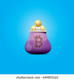 vector old style vintage violet  bitcoin wallet with coins isolated on blue background. 