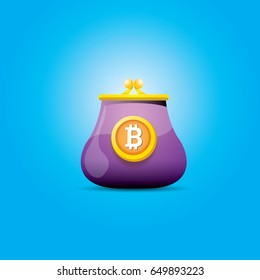 vector old style vintage violet  bitcoin wallet with coins isolated on blue background. 