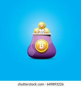 vector old style vintage violet  bitcoin wallet with coins isolated on blue background. 