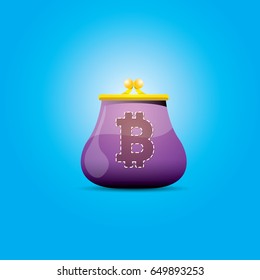 vector old style vintage violet  bitcoin wallet with coins isolated on blue background. 