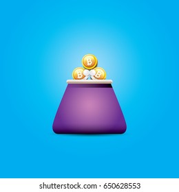 vector old style vintage violet digital bitcoin wallet icon with coins isolated on blue background. 