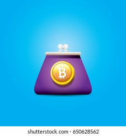 vector old style vintage violet digital bitcoin wallet icon with coins isolated on blue background. 