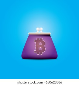 vector old style vintage violet digital bitcoin wallet icon with coins isolated on blue background. 