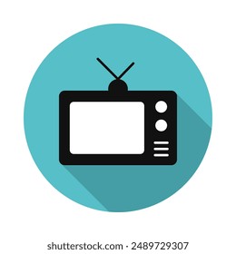 Vector de un viejo televisor, diseño plano de la vieja tv con el fondo del círculo con la sombra.