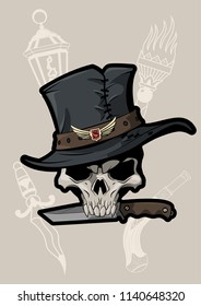 Vector Old Time Robber's Skull with Knife and Cylinder Hat