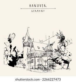 Vector old town of Hanover, Germany, Europe postcard. Beautiful historical Art Nouveau building in a park. Freehand drawing. Travel sketch. Vintage touristic postcard, poster or book illustration
