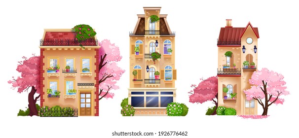 Vector old town house facade isolated collection, vintage buildings, retro cottages, spring trees. European suburban traditional architecture set, windows, shop showcase. House facade front view