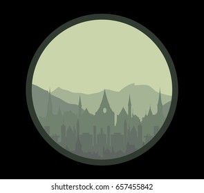 Vector old town and mountains illustration
cityscape and nature in circle frame