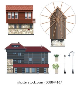 Vector old town.  Set of elements for construction of urban and rural landscapes: house, mill, lights, plants.