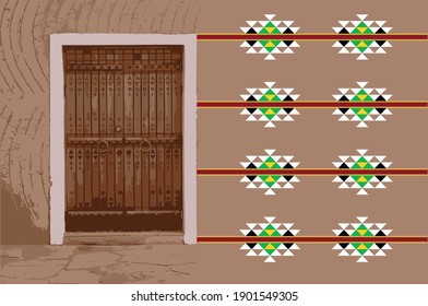 Vector of an Old Traditional Door Next to Heritage Arabic Gulf Pattern Texture Sadu, Sadou, Sadow or Sado with Brown Background. Vector Illustration. Eps 10