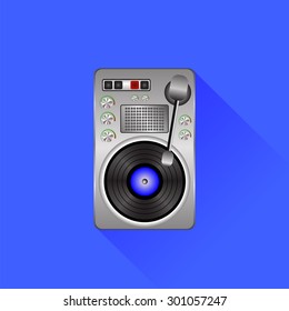 Vector Old Turntable with Vinyl Record Icon Isolated on Blue Background