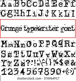 Vector old typewriter font. Vintage grunge letters. Old destroyed printed letters.