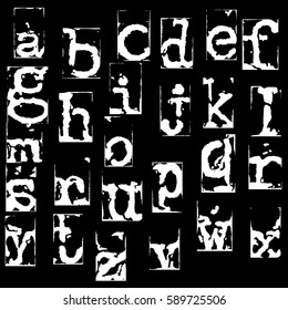 Vector old typewriter font. Vintage grunge letters. Old destroyed printed letters.