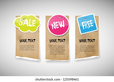 Vector old used stained torn paper banners with colorful glossy glazed paper notes attached with staples - sale, new, free