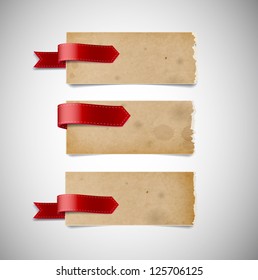 Vector old used stained torn paper banners with ribbon tags