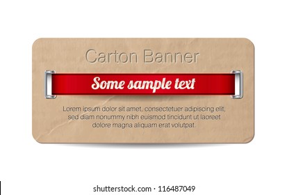 Vector old vintage paper / cardboard banner with two metallic decorated perforations and red ribbon