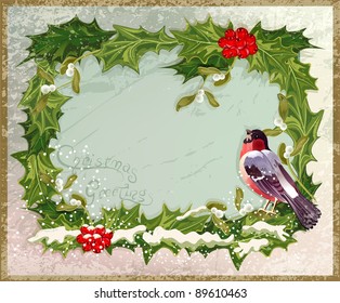 vector old vintage postcard with holly and bullfinch