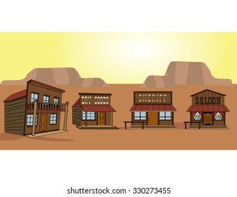 Vector Old West frontier town in the desert, including sheriff's office, saloon, dry goods store and hotel