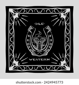 vector of old western snake and horse shoes bandana with vintage pattern