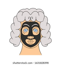 Vector old woman head at the cosmetology cabinet at spa procedure. Opened eyes and beautiful hair, mask at her face. Personal сare procedure. Flat style