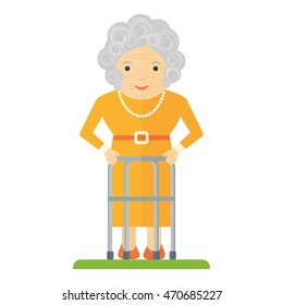 Vector old woman with a walker. Elderly people, pensioner. Flat cartoon vector illustration. Objects isolated on a white background.