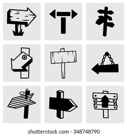 Vector old wood sign icon set on grey background