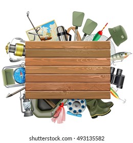 Vector Old Wooden Board with Fishing Tackle