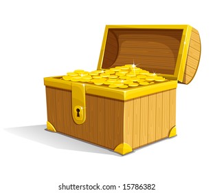 vector old wooden box of treasure with gold money coins opened isolated on white background