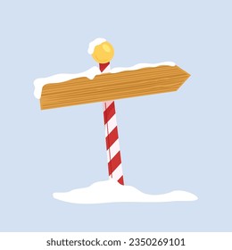 Vector old wooden direction post covered with snow realistic vector illustration.