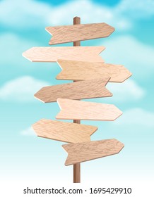 Vector old wooden empty signpost on cloudy blue sky background. Sign board arrow illustration
