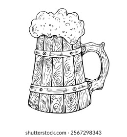 Vector old wooden mug with cap of foam. Graphic ink ale illustration isolated on background. Hand drawn line sketch. For designers, prints, logo, menu, postcards, wrapping paper, holiday, covers