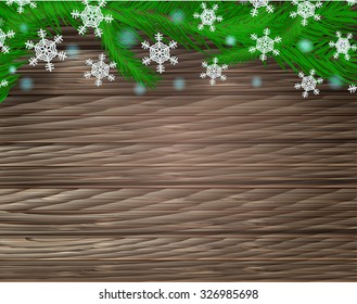 Vector old wooden plank with christmas tree and snowflakes