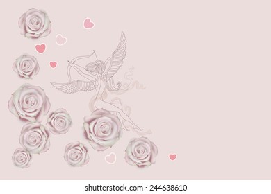 Vector old-fashioned  greeting card  with funny cartoon Cupids,  arrows and Valentine heart on light  background