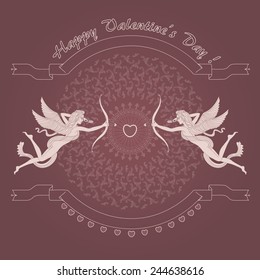 Vector old-fashioned  greeting card  with funny cartoon Cupids,  arrows and Valentine heart on brown background