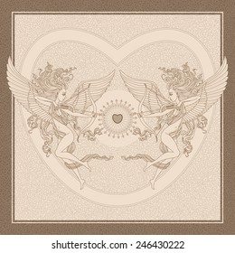 Vector old-fashioned  greeting card  with funny cartoon Cupids,  arrows and Valentine heart on beige shabby background and brown frame