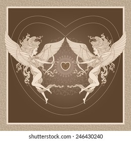 Vector old-fashioned  greeting card  with funny cartoon Cupids,  arrows and Valentine heart on brown background and beige decorated frame