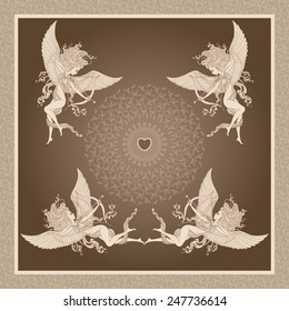 Vector old-fashioned  greeting card  with funny cartoon Cupids,  arrows and Valentine heart on brown background